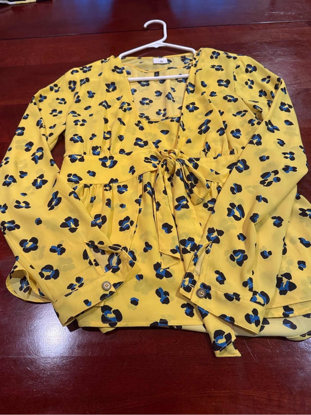 CAbi Sunny Set Yellow Floral Blouse with Navy and Blue Accents